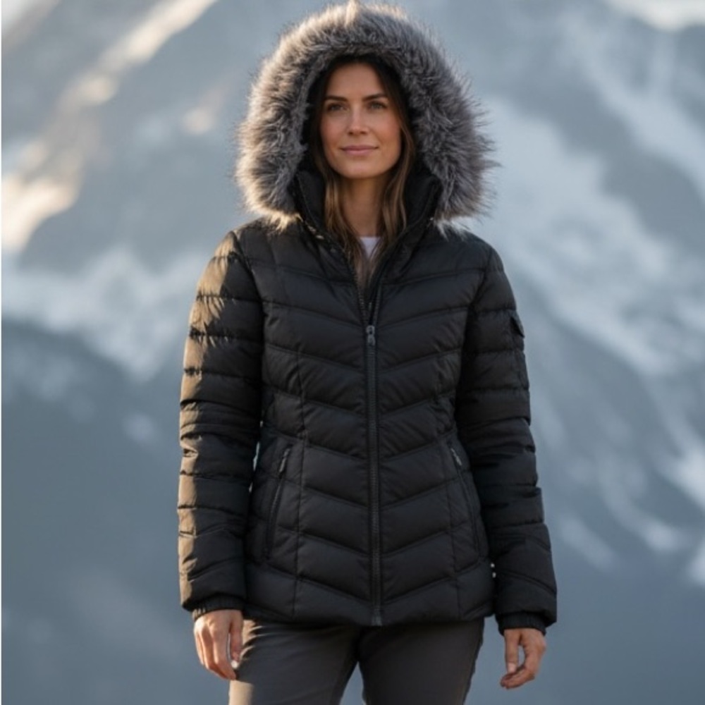 Nautica Women's Black Puffer Jacket with Faux Fur Hood large - Picture 2 of 15